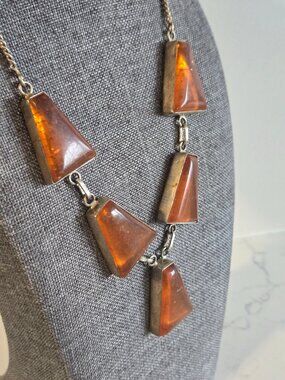 STERLING SILVER GENUINE AMBER TRIANGULAR NECKLACE PENDANT